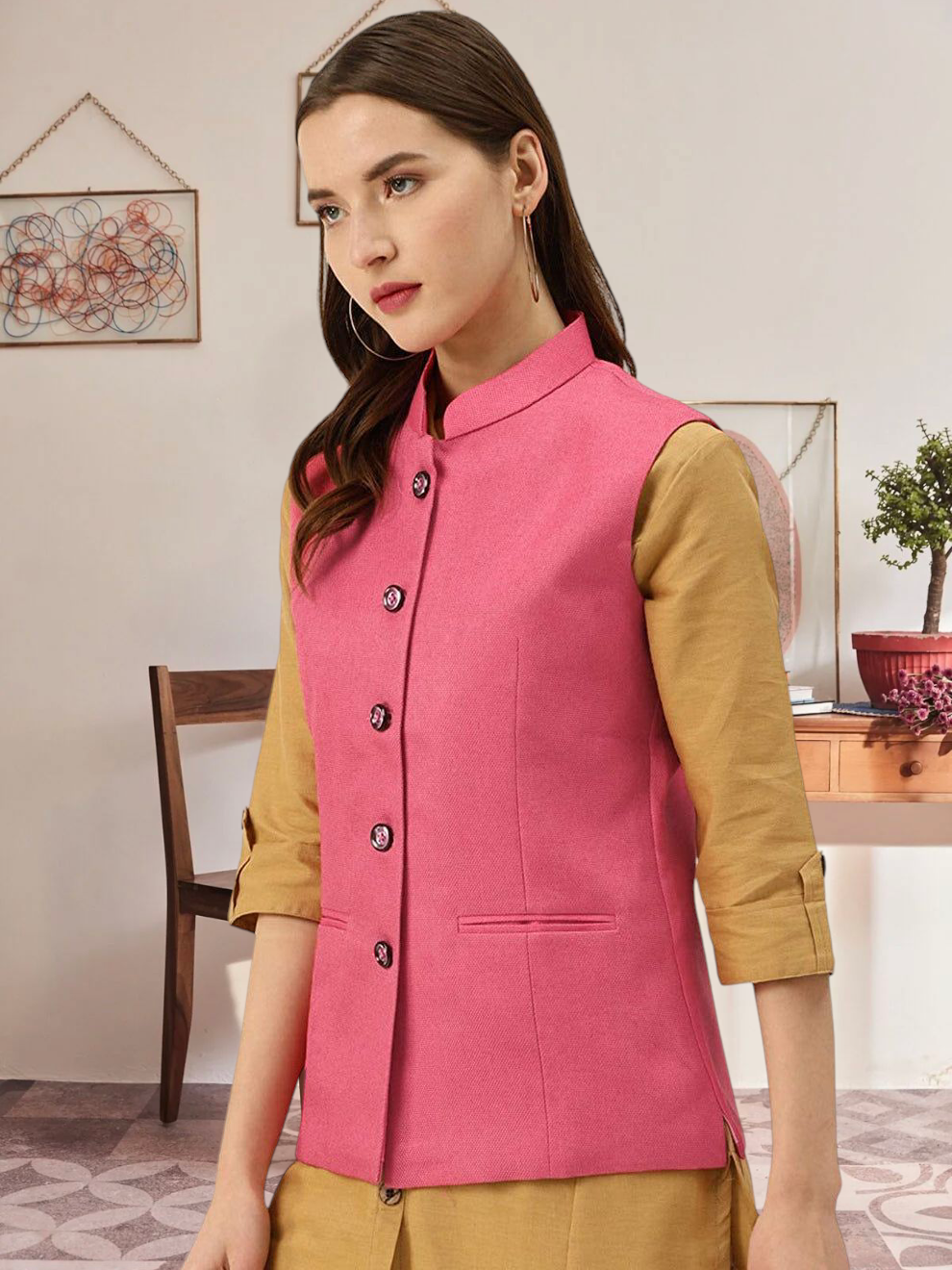 Vastraa Fusion Ladies Modi Jacket / Waistcoat - Plain Solid Colurs - Cotton Mix Nehru Jacket