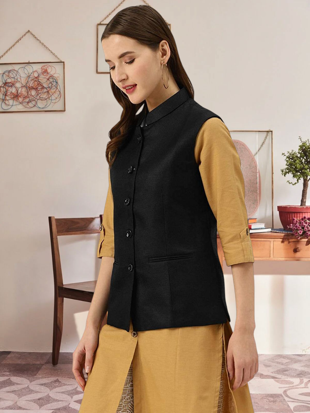 Vastraa Fusion Ladies Modi Jacket / Waistcoat - Plain Solid Colurs - Cotton Mix Nehru Jacket