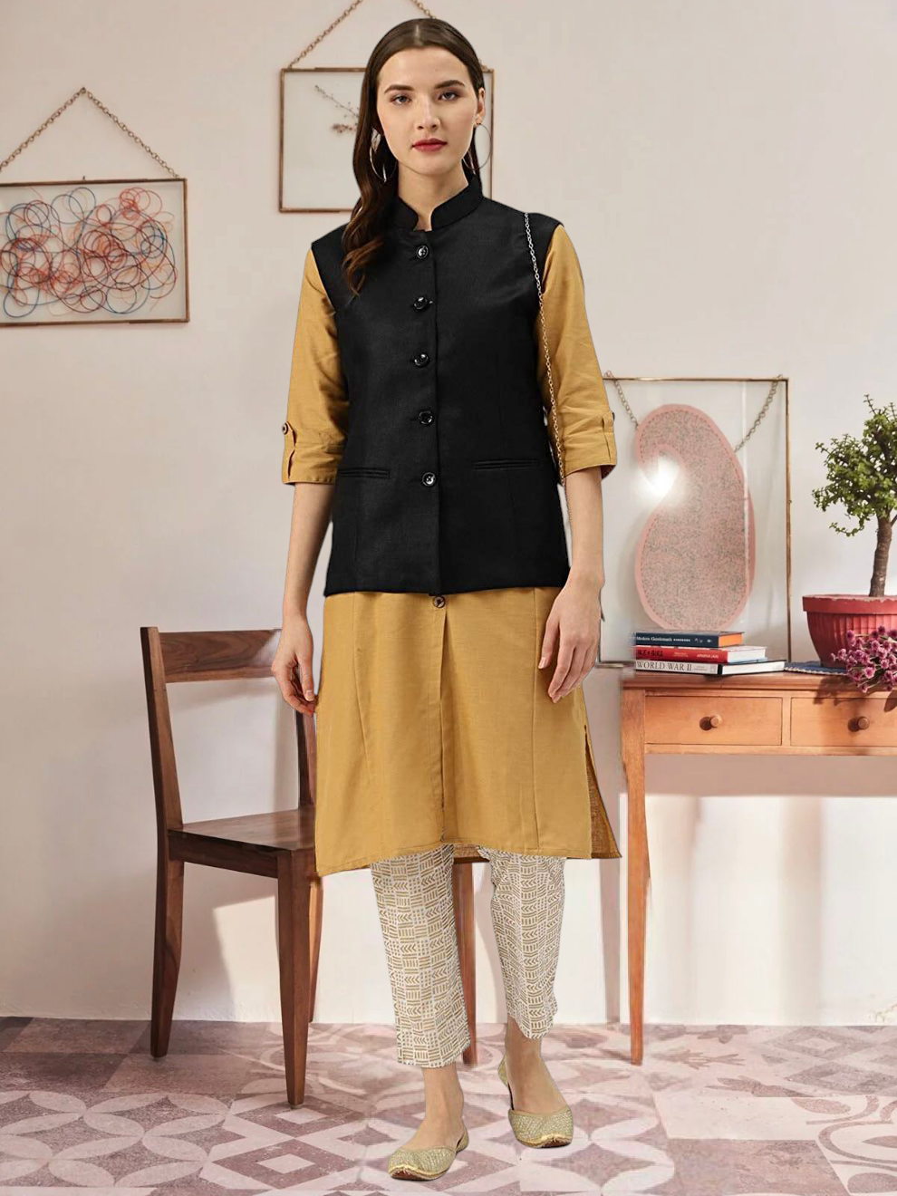 Vastraa Fusion Ladies Modi Jacket / Waistcoat - Plain Solid Colurs - Cotton Mix Nehru Jacket