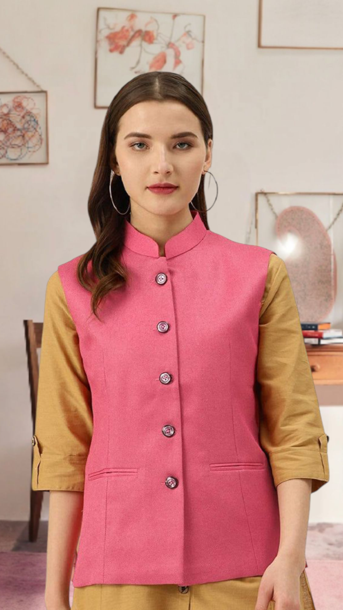 Vastraa Fusion Ladies Modi Jacket / Waistcoat - Plain Solid Colurs - Cotton Mix Nehru Jacket