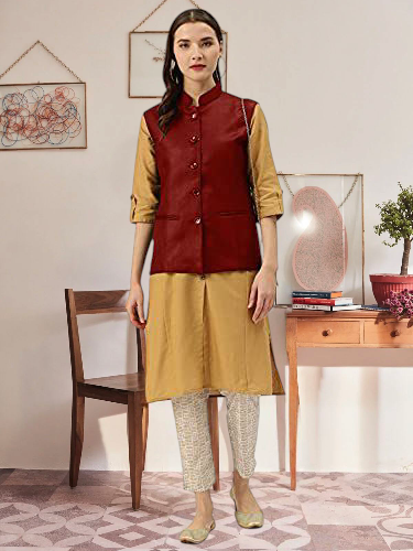 Vastraa Fusion Ladies Modi Jacket / Waistcoat - Plain Solid Colurs - Cotton Mix Nehru Jacket