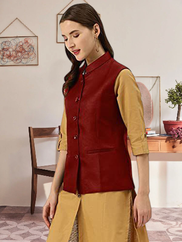 Vastraa Fusion Ladies Modi Jacket / Waistcoat - Plain Solid Colurs - Cotton Mix Nehru Jacket