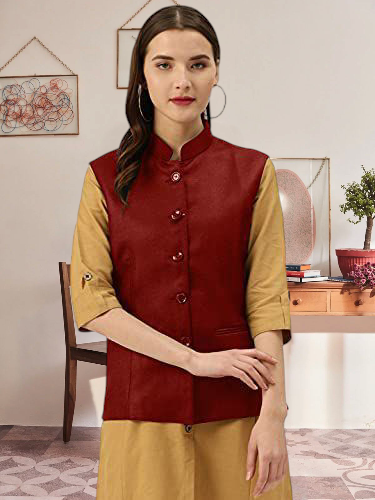 Vastraa Fusion Ladies Modi Jacket / Waistcoat - Plain Solid Colurs - Cotton Mix Nehru Jacket
