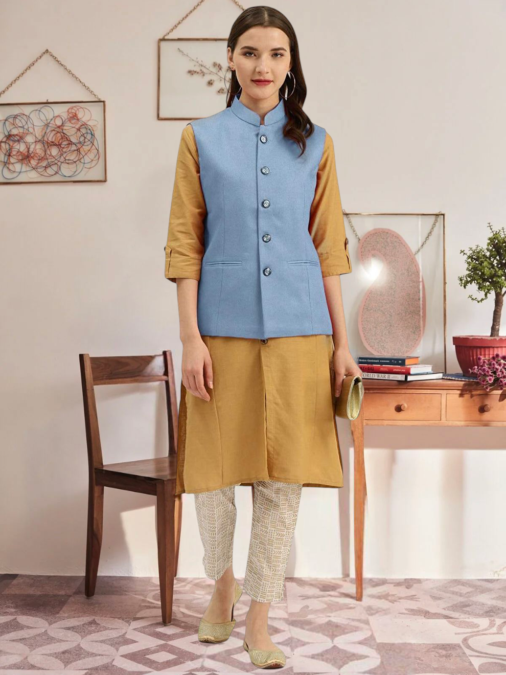 Vastraa Fusion Ladies Modi Jacket / Waistcoat - Plain Solid Colurs - Cotton Mix Nehru Jacket