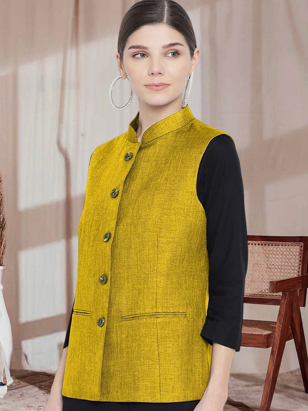 Vastraa Fusion Ladies Modi Jacket / Waistcoat - Plain Solid Colurs - Cotton Mix Nehru Jacket