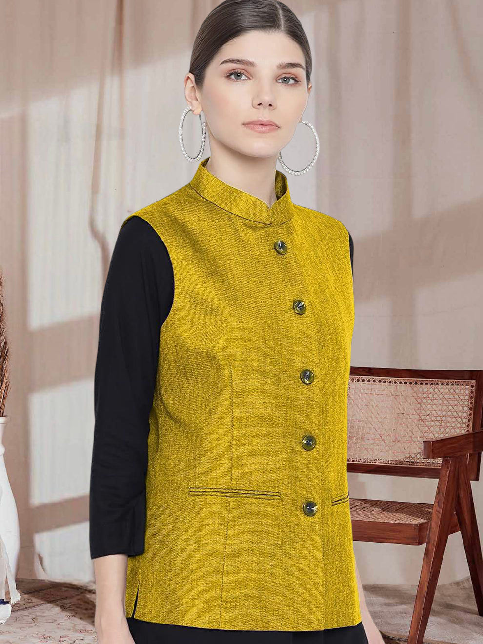 Vastraa Fusion Ladies Modi Jacket / Waistcoat - Plain Solid Colurs - Cotton Mix Nehru Jacket