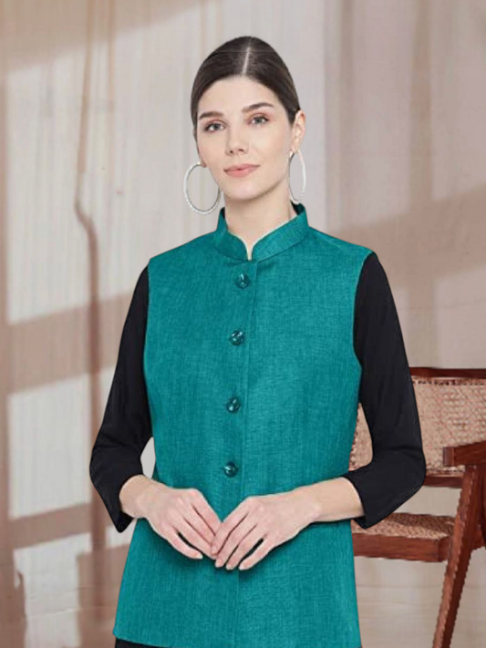 Vastraa Fusion Ladies Modi Jacket / Waistcoat - Plain Solid Colurs - Cotton Mix Nehru Jacket