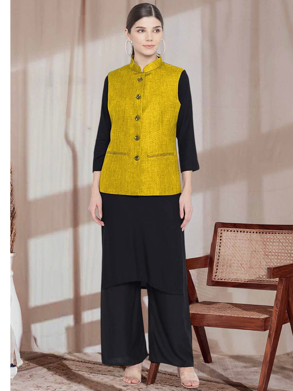 Vastraa Fusion Ladies Modi Jacket / Waistcoat - Plain Solid Colurs - Cotton Mix Nehru Jacket