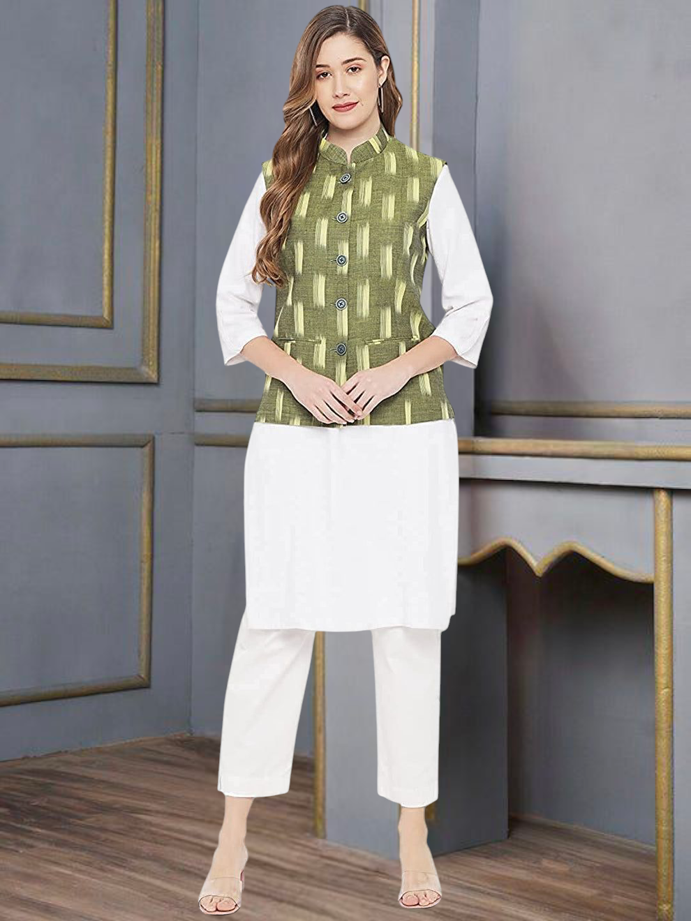 Vastraa Fusion Solid Indian Traditional Ethnic Waistcoat Festive Woolen Nehru Jacket for Women