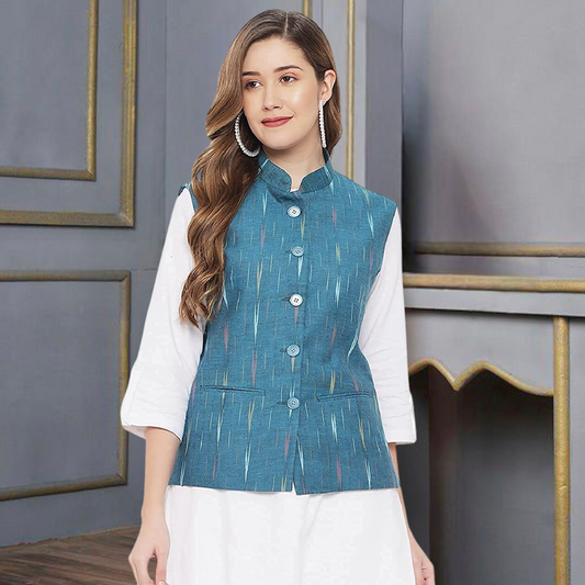 Ladies Modi Jacket / Waistcoat - Khadi Look in Mix Ikkat Patterns - South Cotton Nehru Jacket