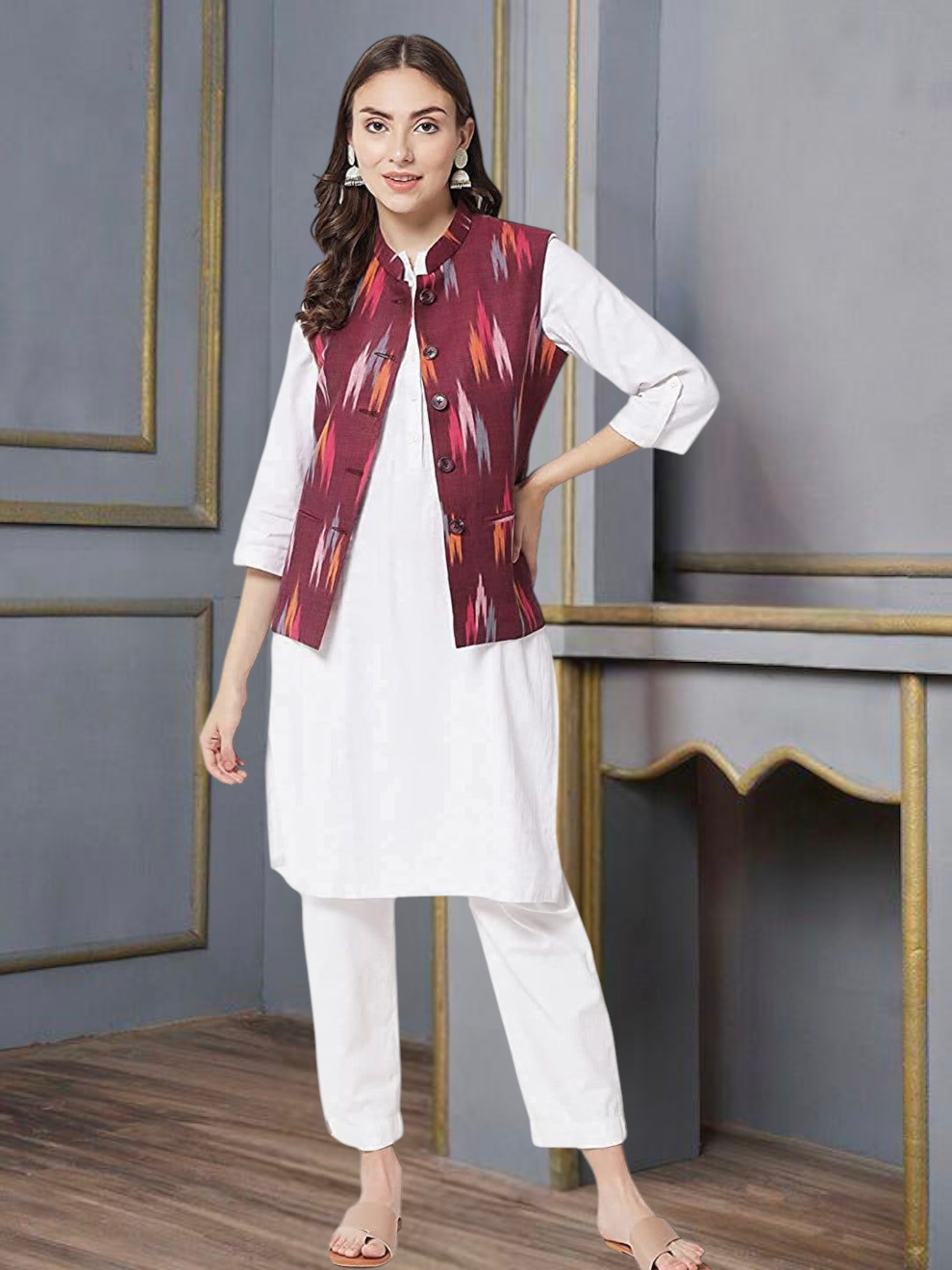 Ladies Modi Jacket / Waistcoat - Khadi Look in Mix Ikkat Patterns - South Cotton Nehru Jacket