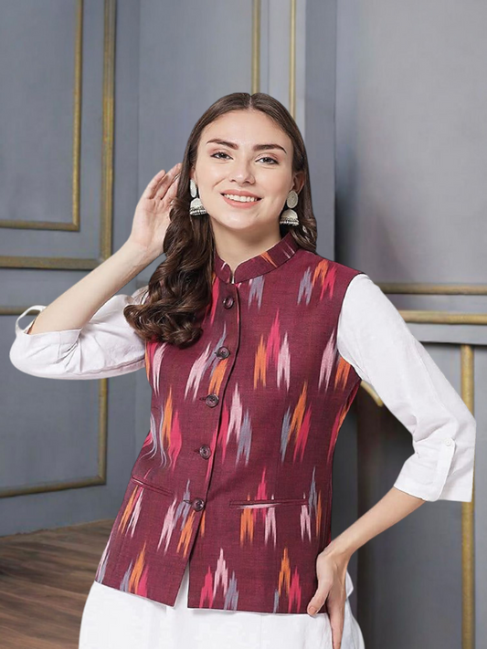 Ladies Modi Jacket / Waistcoat - Khadi Look in Mix Ikkat Patterns - South Cotton Nehru Jacket