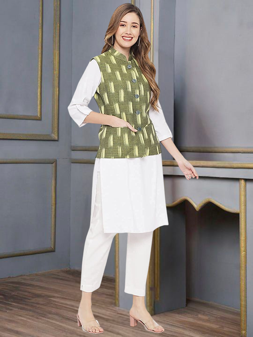 Vastraa Fusion Solid Indian Traditional Ethnic Waistcoat Festive Woolen Nehru Jacket for Women