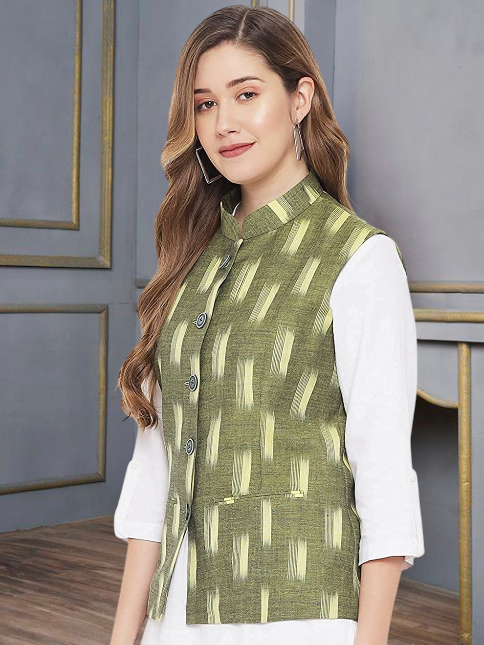 Vastraa Fusion Solid Indian Traditional Ethnic Waistcoat Festive Woolen Nehru Jacket for Women