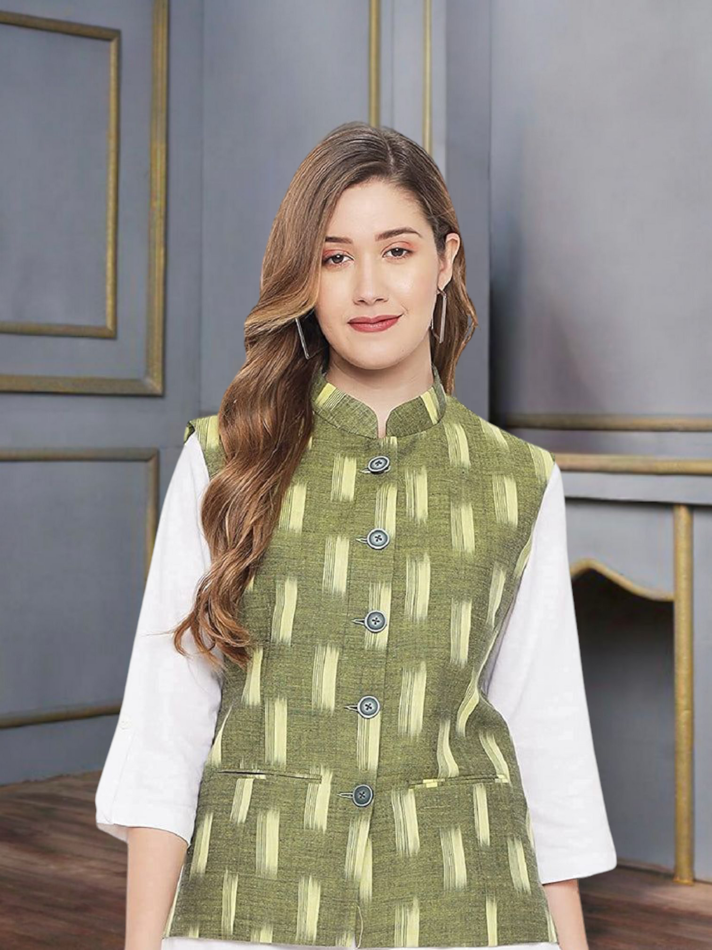 Vastraa Fusion Solid Indian Traditional Ethnic Waistcoat Festive Woolen Nehru Jacket for Women