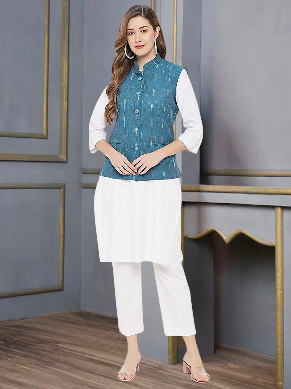 Ladies Modi Jacket / Waistcoat - Khadi Look in Mix Ikkat Patterns - South Cotton Nehru Jacket