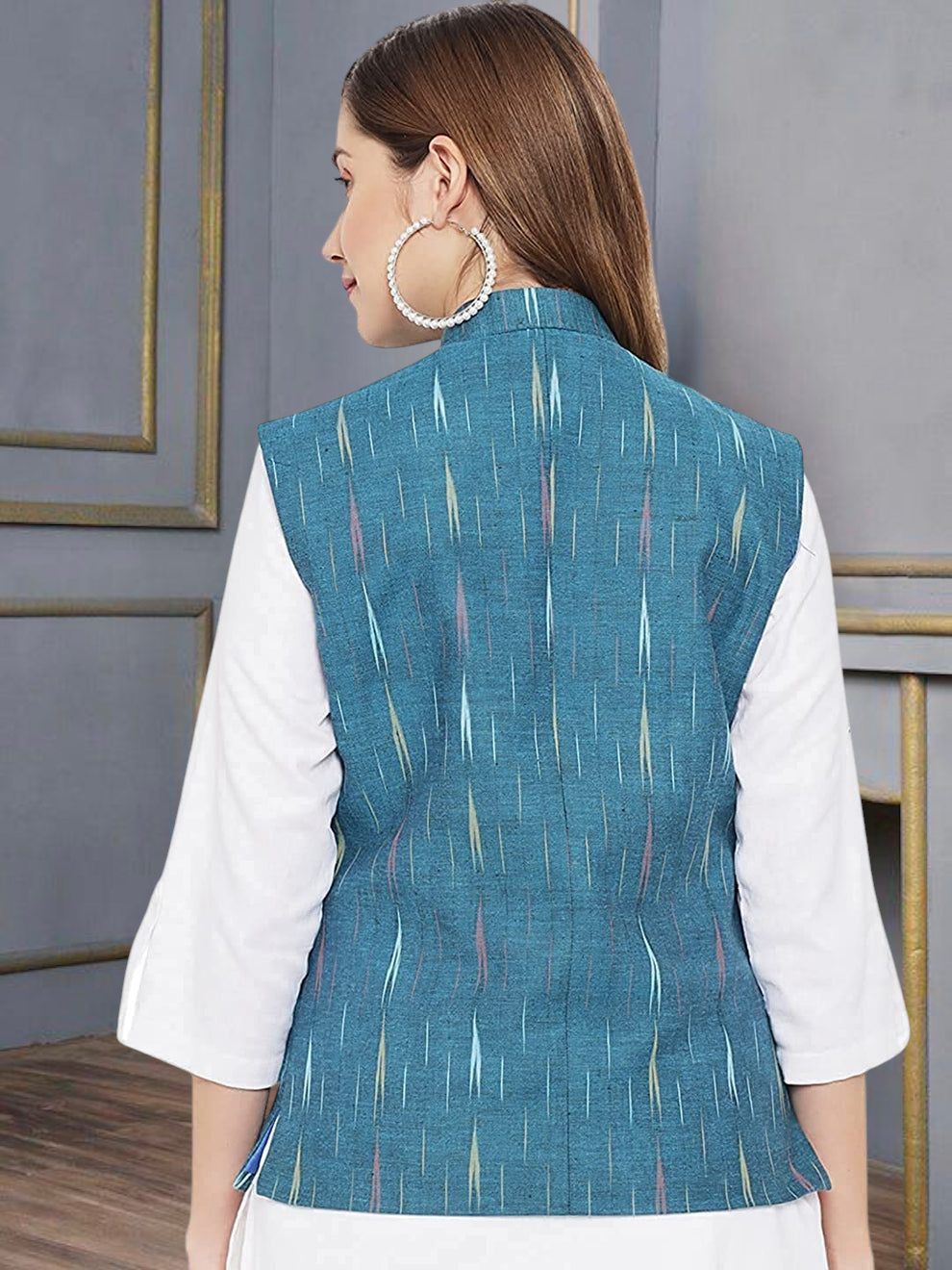 Ladies Modi Jacket / Waistcoat - Khadi Look in Mix Ikkat Patterns - South Cotton Nehru Jacket