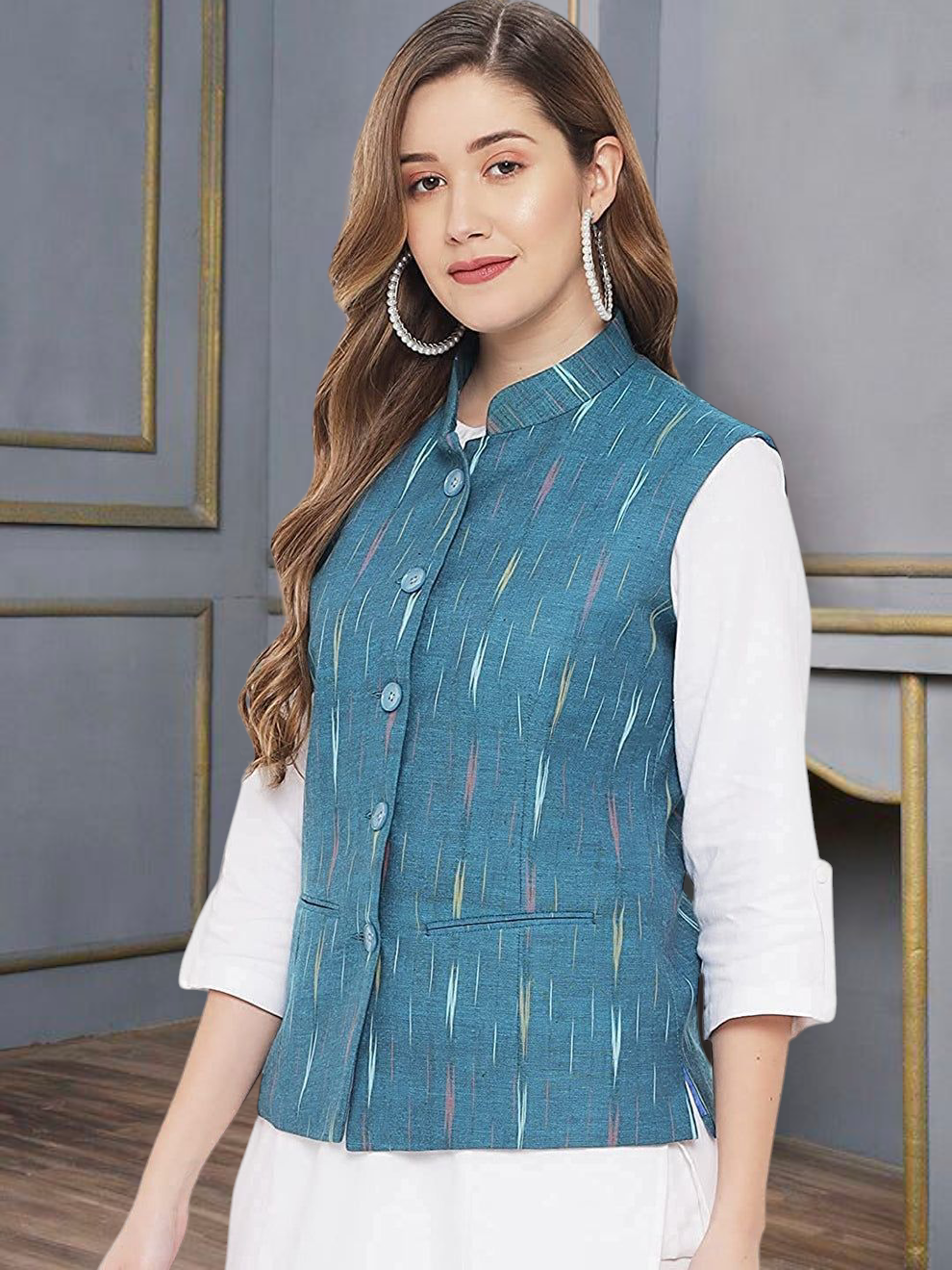 Ladies Modi Jacket / Waistcoat - Khadi Look in Mix Ikkat Patterns - South Cotton Nehru Jacket