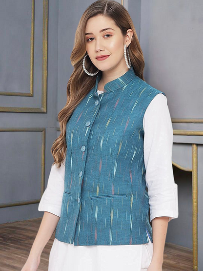 Ladies Modi Jacket / Waistcoat - Khadi Look in Mix Ikkat Patterns - South Cotton Nehru Jacket
