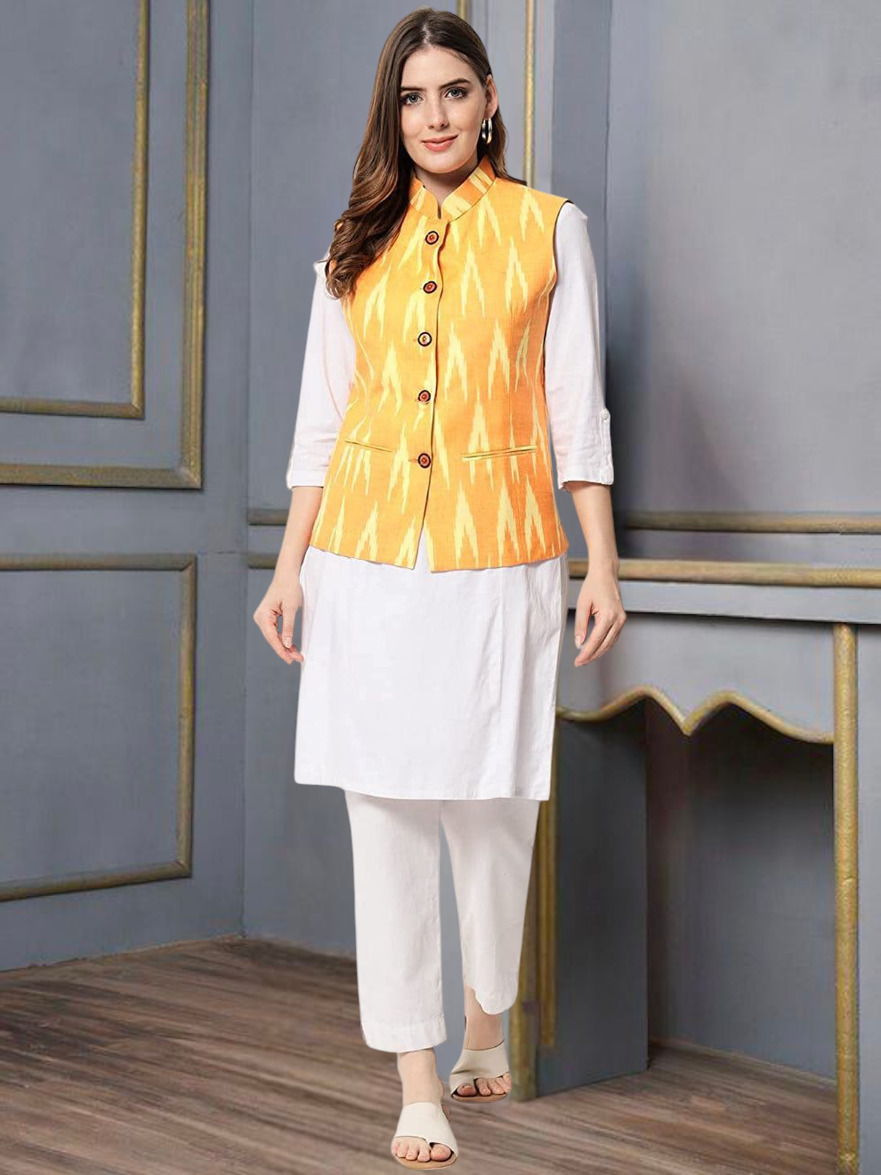 Vastraa Fusion Solid Indian Traditional Ethnic Waistcoat Festive Woolen Nehru Jacket for Women