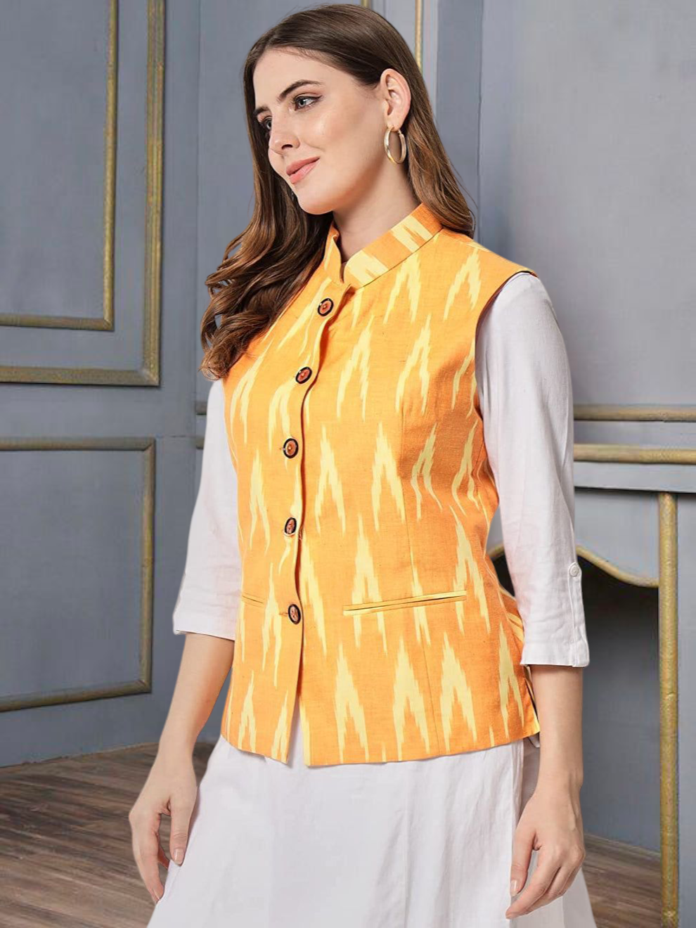 Vastraa Fusion Solid Indian Traditional Ethnic Waistcoat Festive Woolen Nehru Jacket for Women