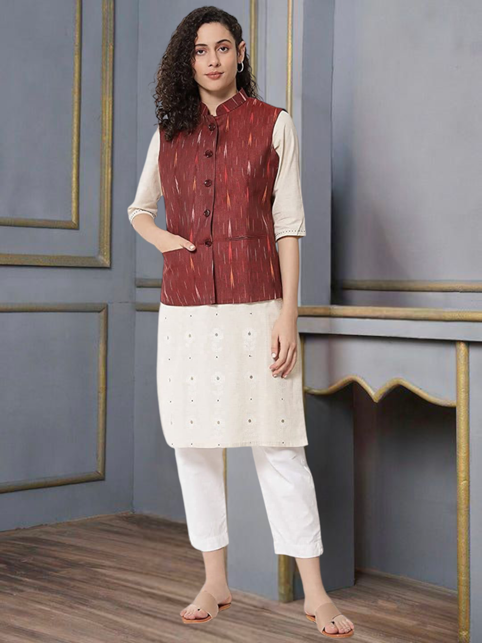 Vastraa Fusion Solid Indian Traditional Ethnic Waistcoat Festive Woolen Nehru Jacket for Women