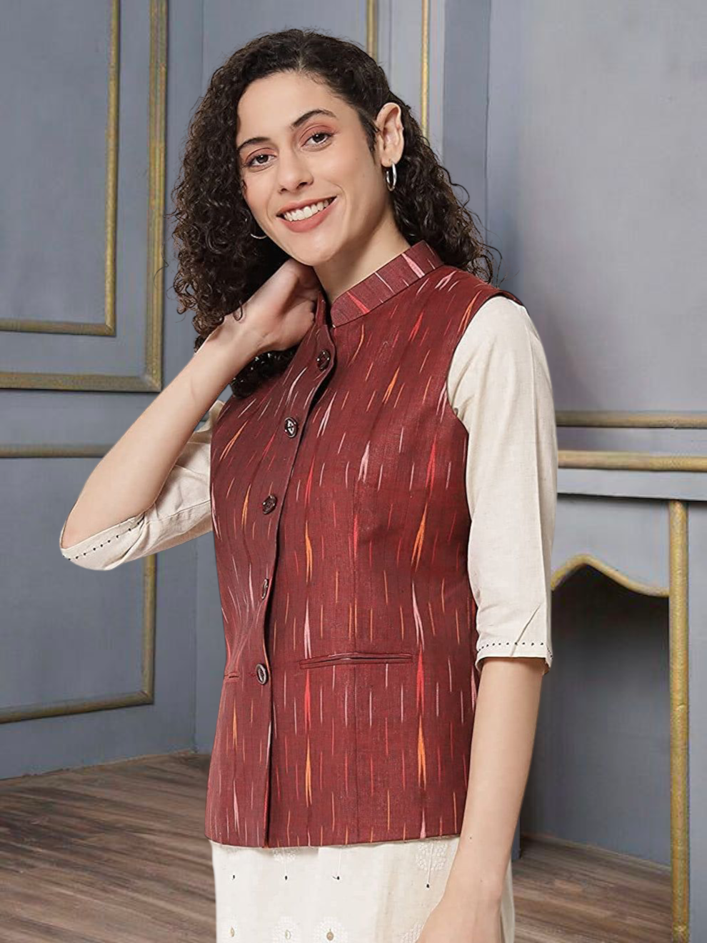 Vastraa Fusion Solid Indian Traditional Ethnic Waistcoat Festive Woolen Nehru Jacket for Women