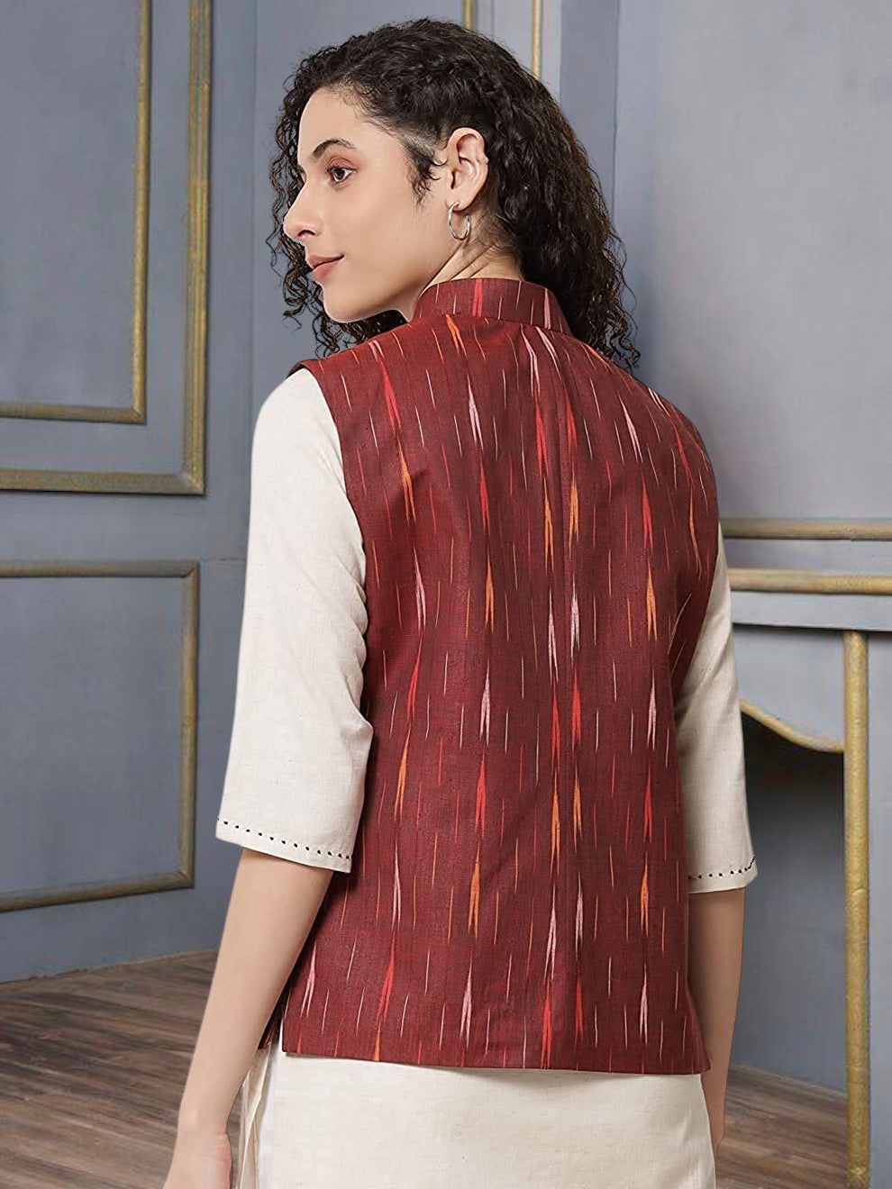 Vastraa Fusion Solid Indian Traditional Ethnic Waistcoat Festive Woolen Nehru Jacket for Women