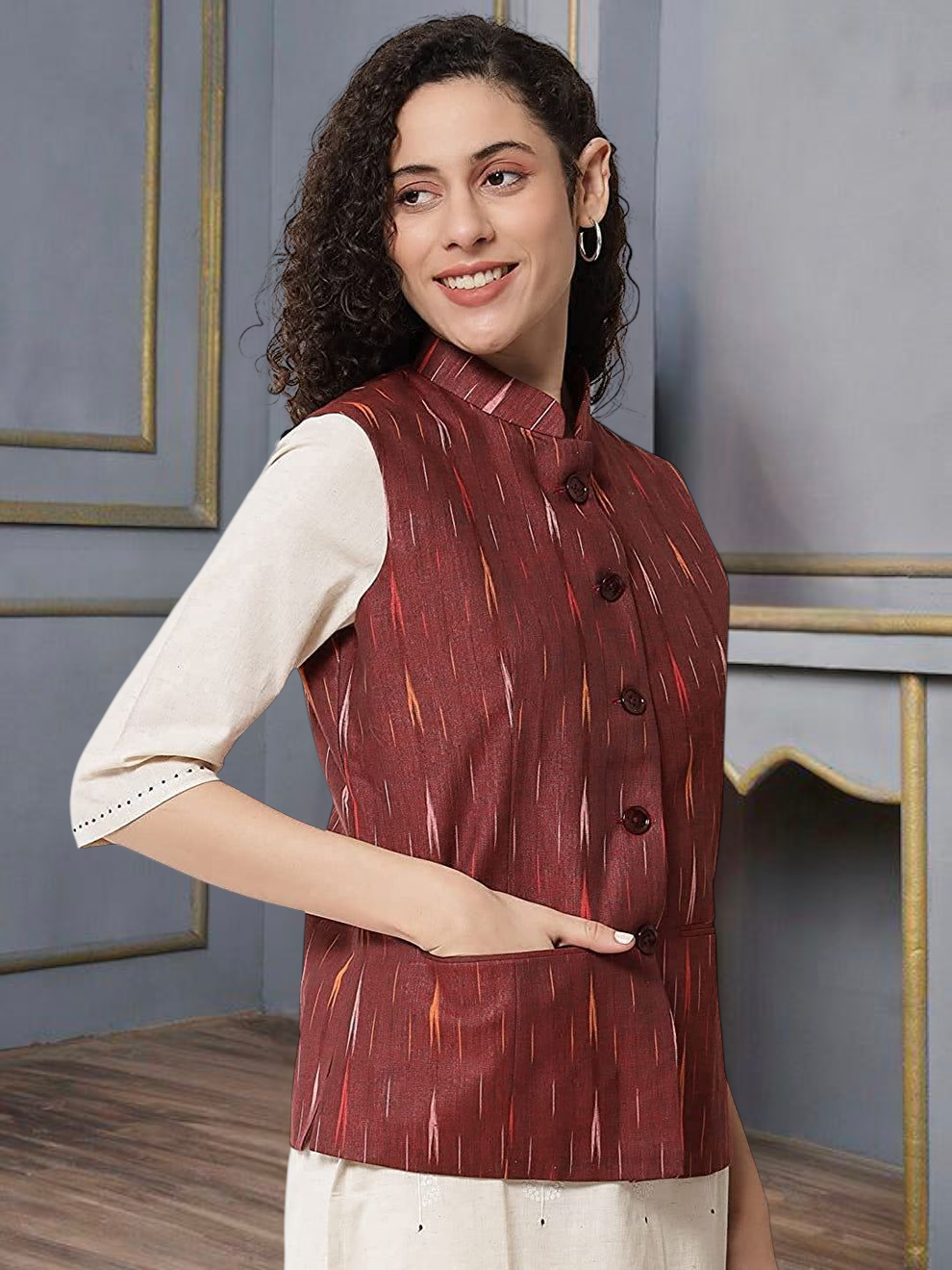 Vastraa Fusion Solid Indian Traditional Ethnic Waistcoat Festive Woolen Nehru Jacket for Women