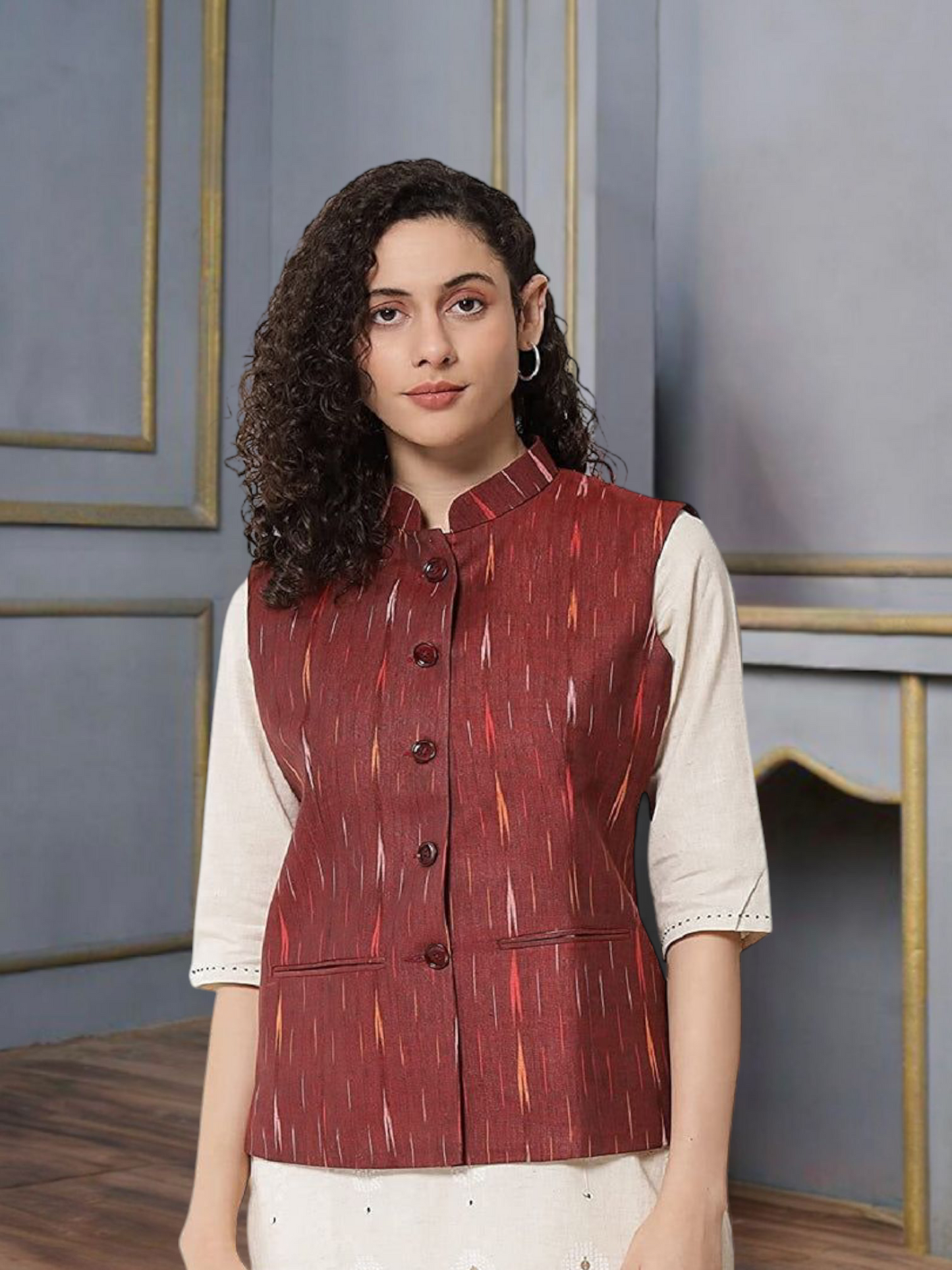Vastraa Fusion Solid Indian Traditional Ethnic Waistcoat Festive Woolen Nehru Jacket for Women
