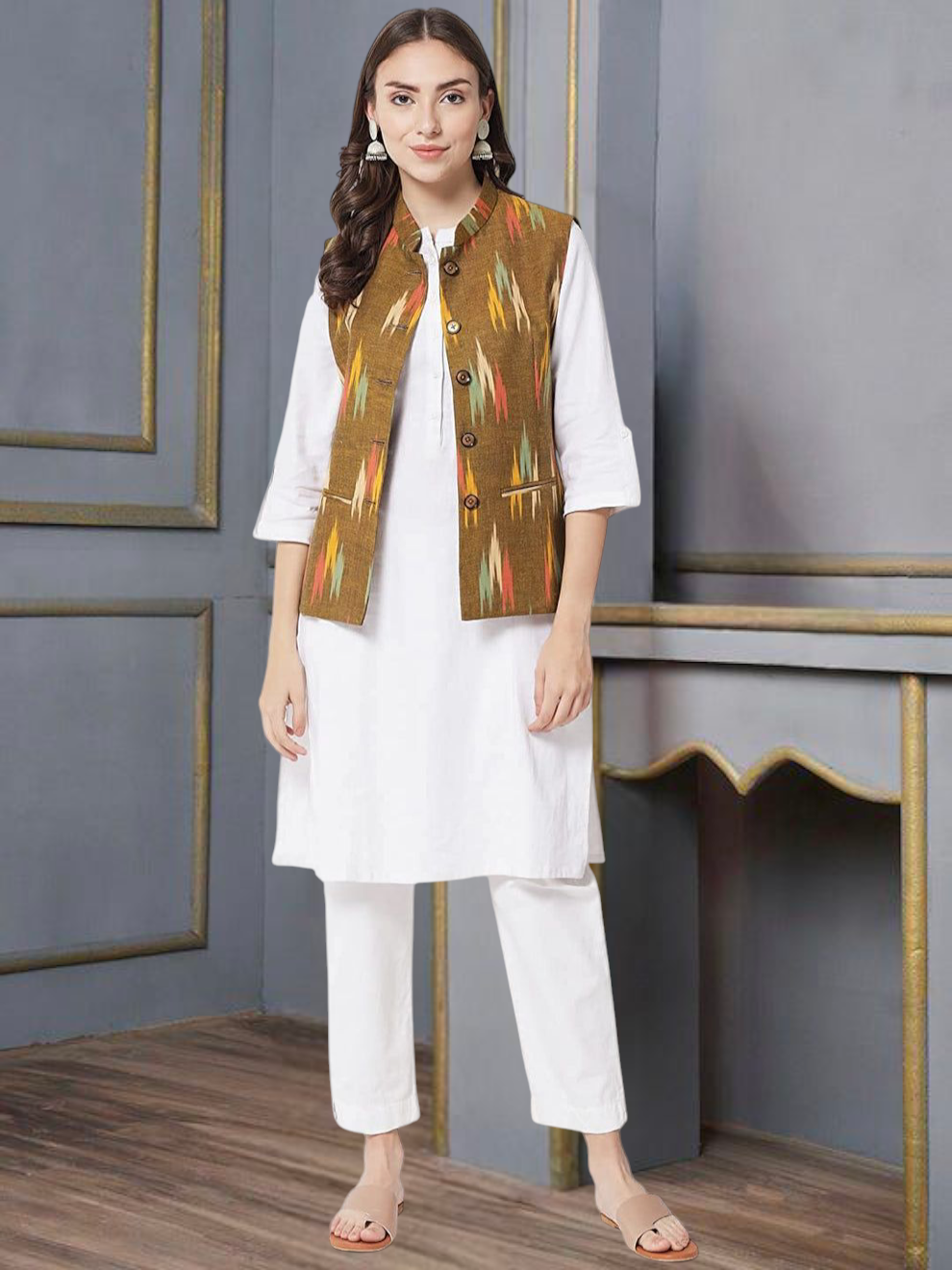 Vastraa Fusion Solid Indian Traditional Ethnic Waistcoat Festive Woolen Nehru Jacket for Women