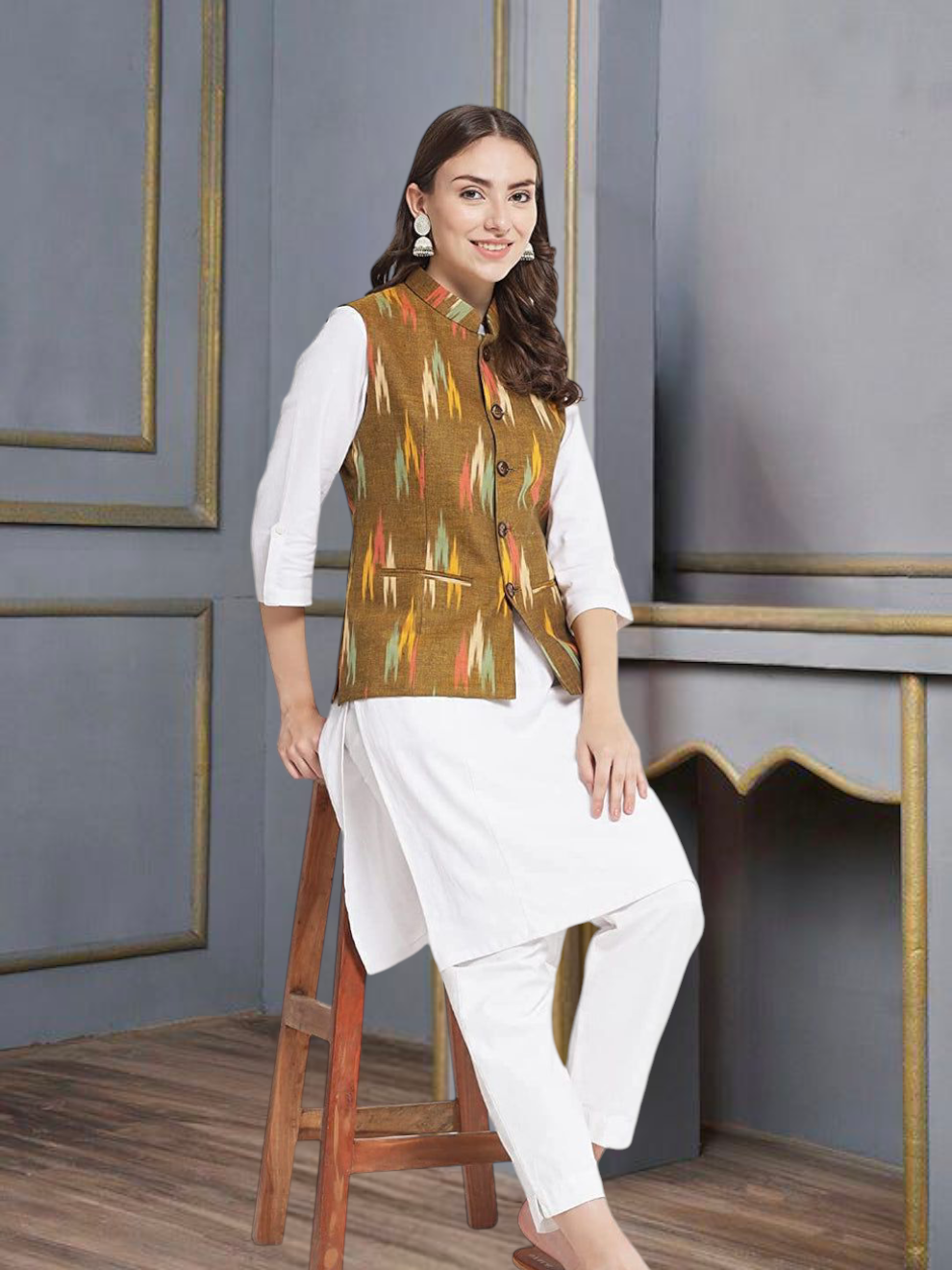 Vastraa Fusion Solid Indian Traditional Ethnic Waistcoat Festive Woolen Nehru Jacket for Women