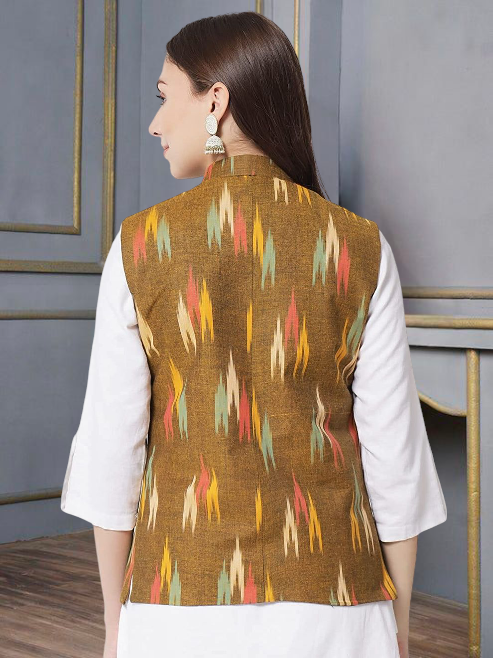 Vastraa Fusion Solid Indian Traditional Ethnic Waistcoat Festive Woolen Nehru Jacket for Women
