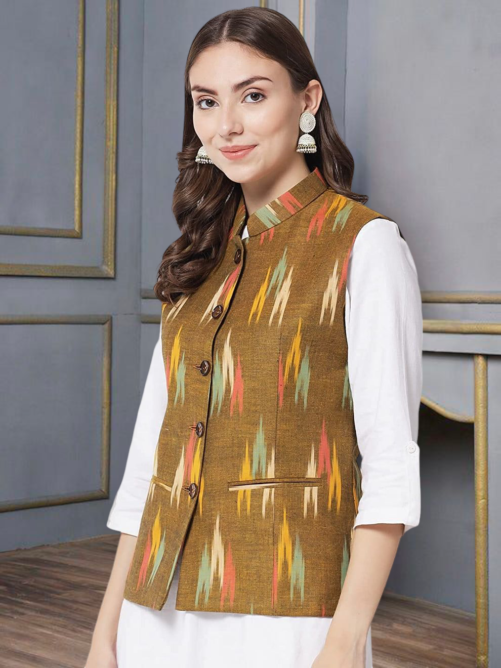 Vastraa Fusion Solid Indian Traditional Ethnic Waistcoat Festive Woolen Nehru Jacket for Women
