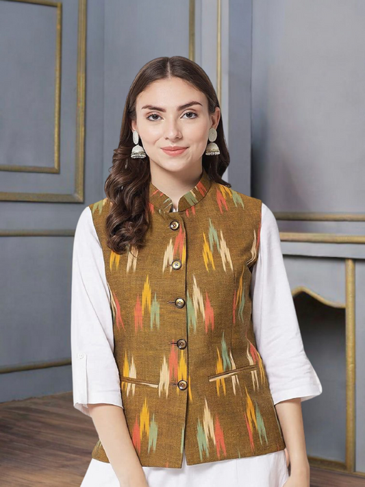 Ladies Modi Jacket / Waistcoat - Khadi Look in Mix Ikkat Patterns - South Cotton Nehru Jacket