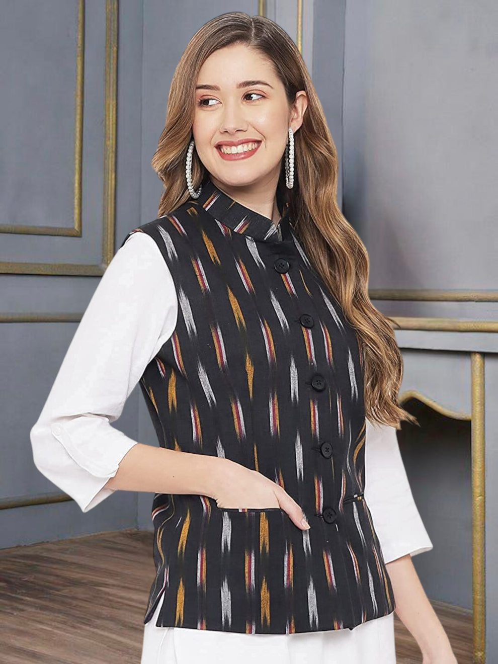 Vastraa Fusion Solid Indian Traditional Ethnic Waistcoat Festive Woolen Nehru Jacket for Women