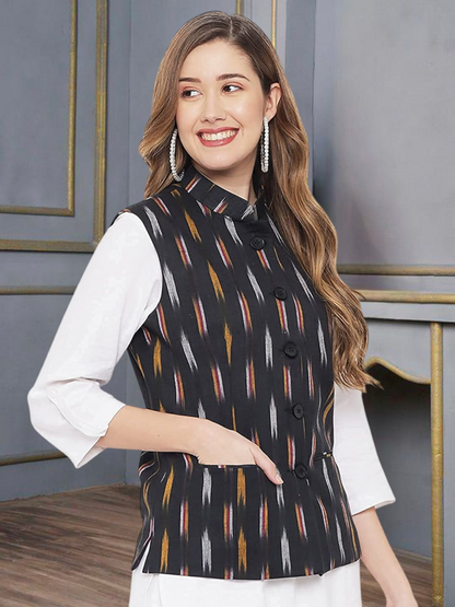 Vastraa Fusion Solid Indian Traditional Ethnic Waistcoat Festive Woolen Nehru Jacket for Women