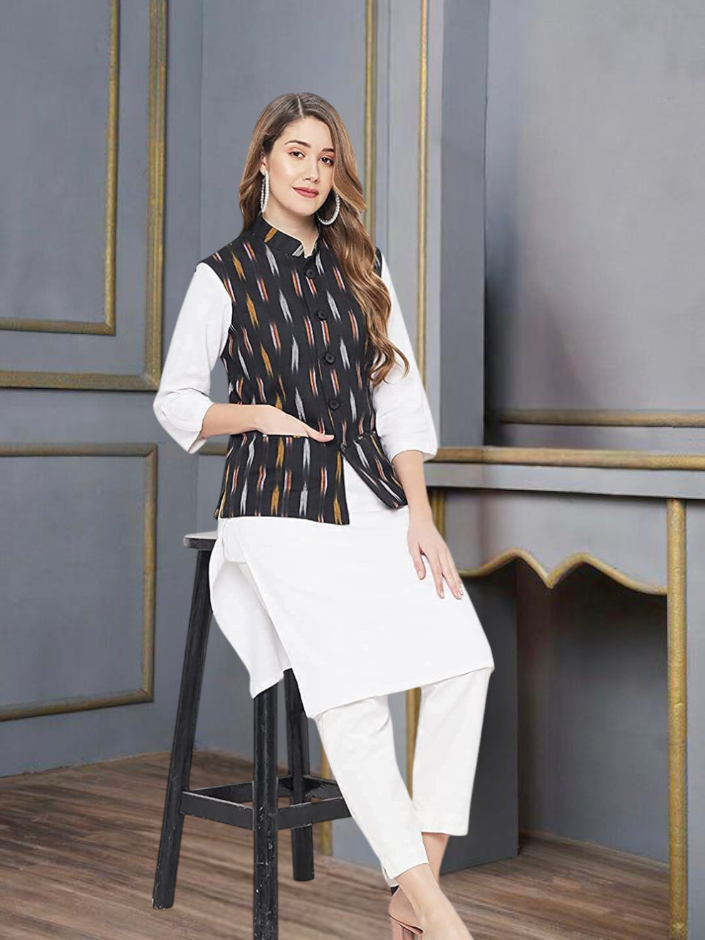 Vastraa Fusion Solid Indian Traditional Ethnic Waistcoat Festive Woolen Nehru Jacket for Women