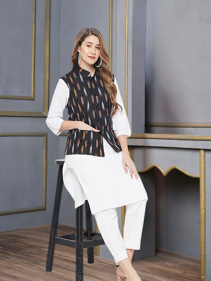 Vastraa Fusion Solid Indian Traditional Ethnic Waistcoat Festive Woolen Nehru Jacket for Women