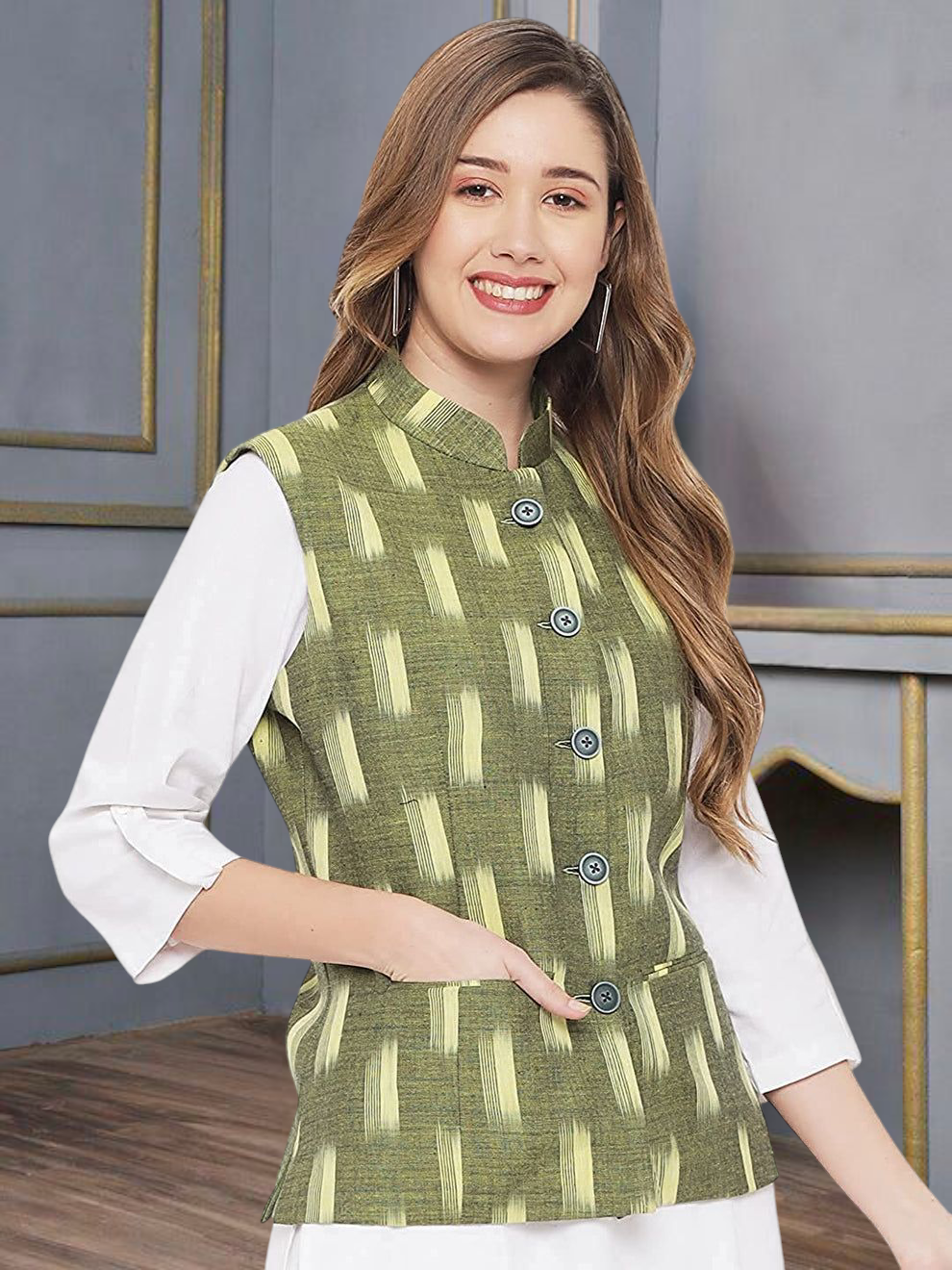 Vastraa Fusion Solid Indian Traditional Ethnic Waistcoat Festive Woolen Nehru Jacket for Women