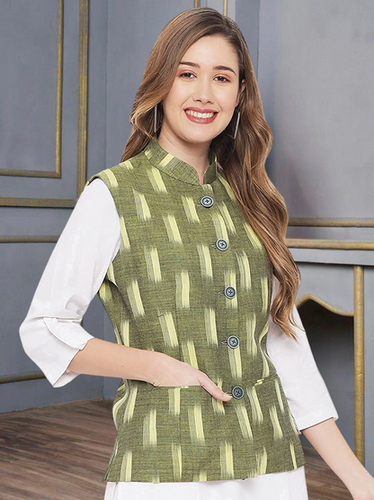 Vastraa Fusion Solid Indian Traditional Ethnic Waistcoat Festive Woolen Nehru Jacket for Women