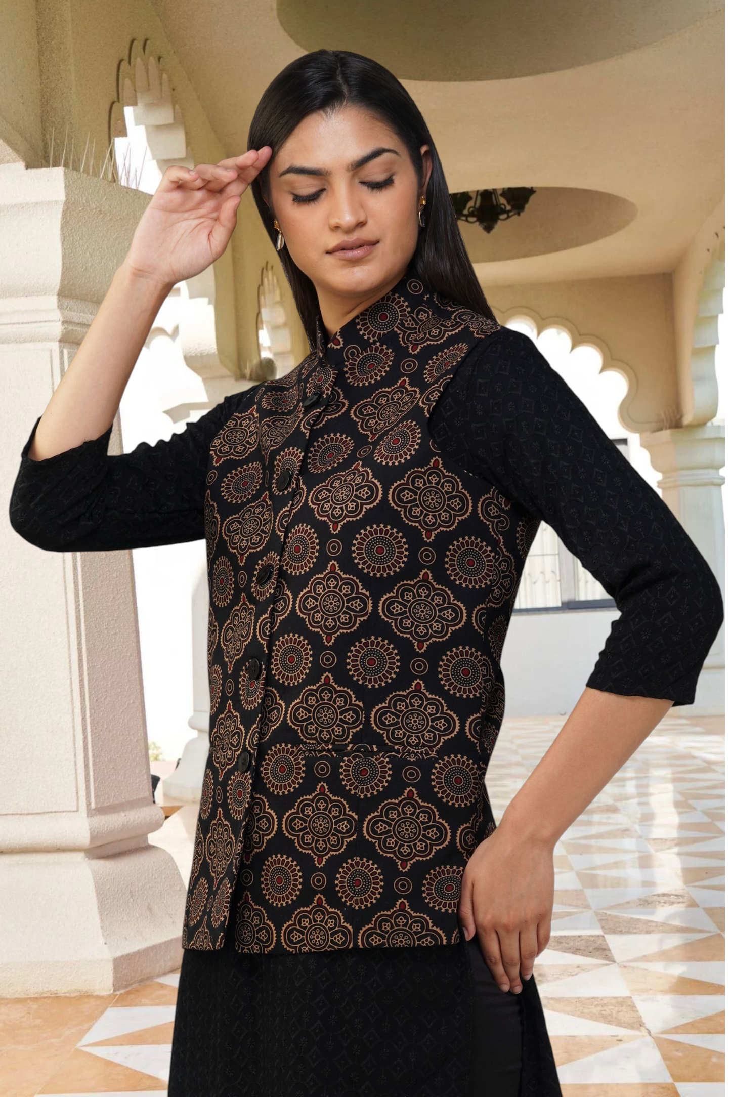 Vastraa Fusion Solid Indian Traditional Ethnic Waistcoat Festive Woolen Nehru Jacket for Women