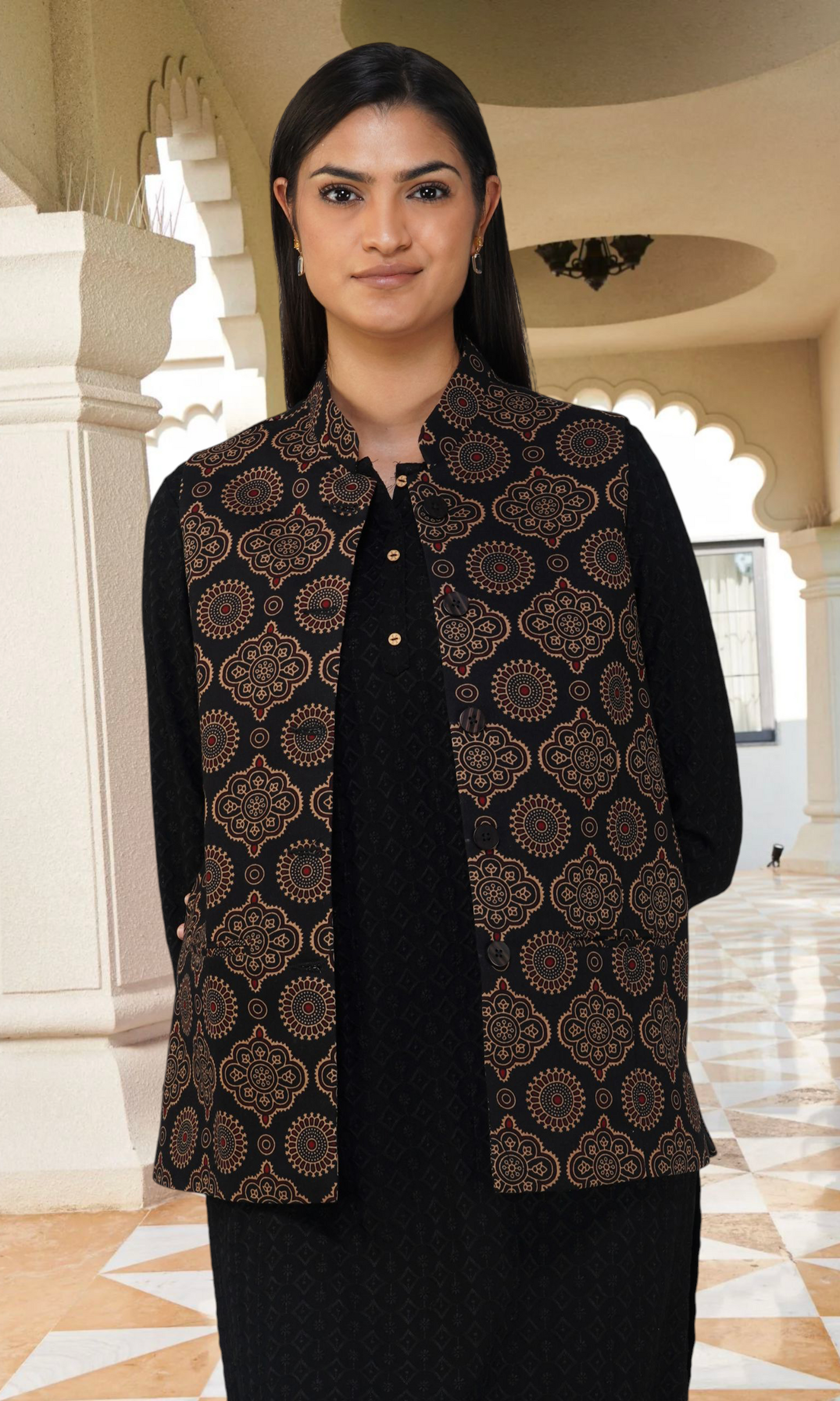 Vastraa Fusion Solid Indian Traditional Ethnic Waistcoat Festive Woolen Nehru Jacket for Women