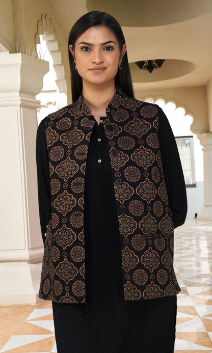 Vastraa Fusion Solid Indian Traditional Ethnic Waistcoat Festive Woolen Nehru Jacket for Women