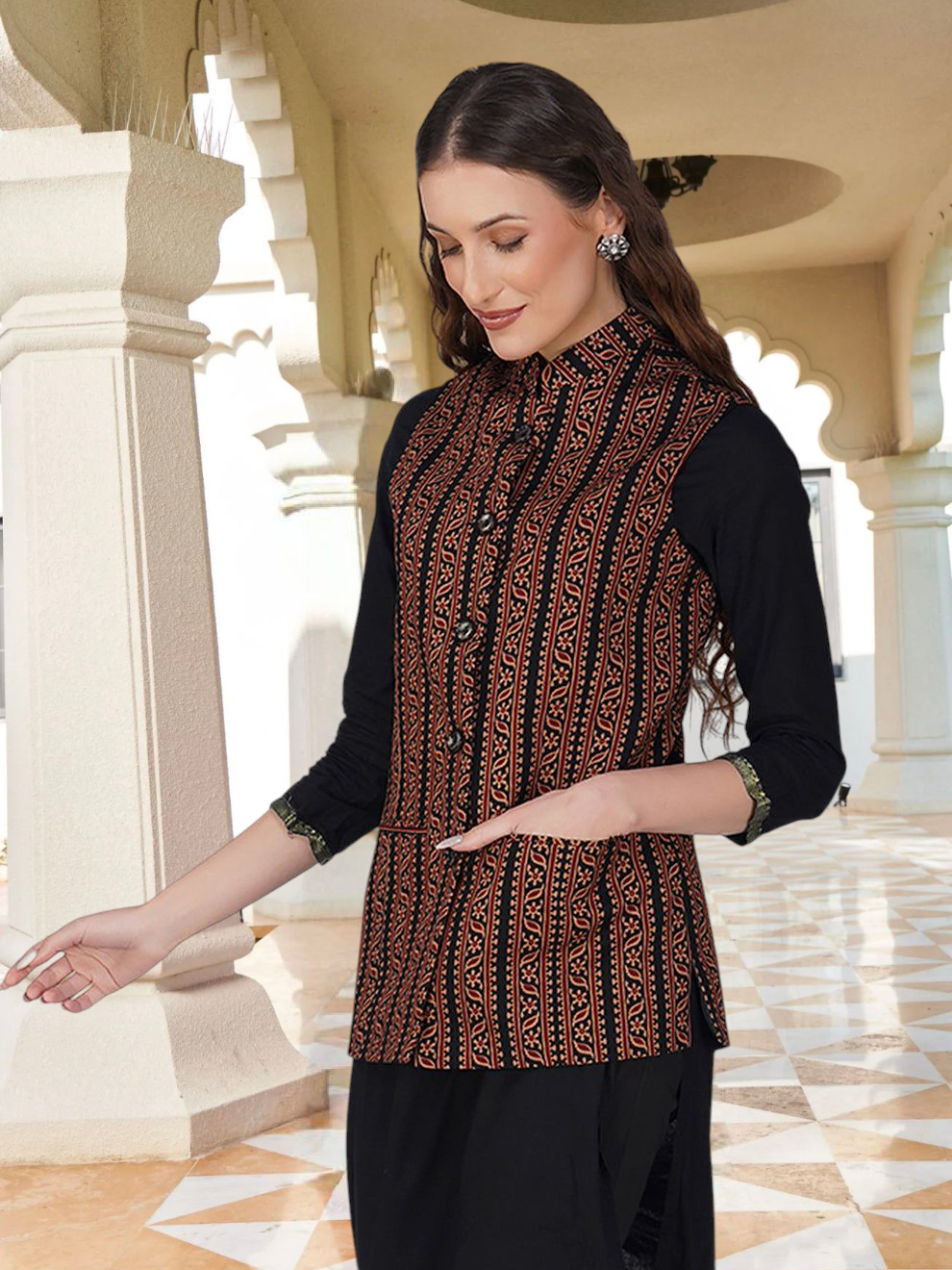 Ladies Modi Jacket / Waistcoat - Printed Look Designer Patterns - Cotton Nehru Jacket