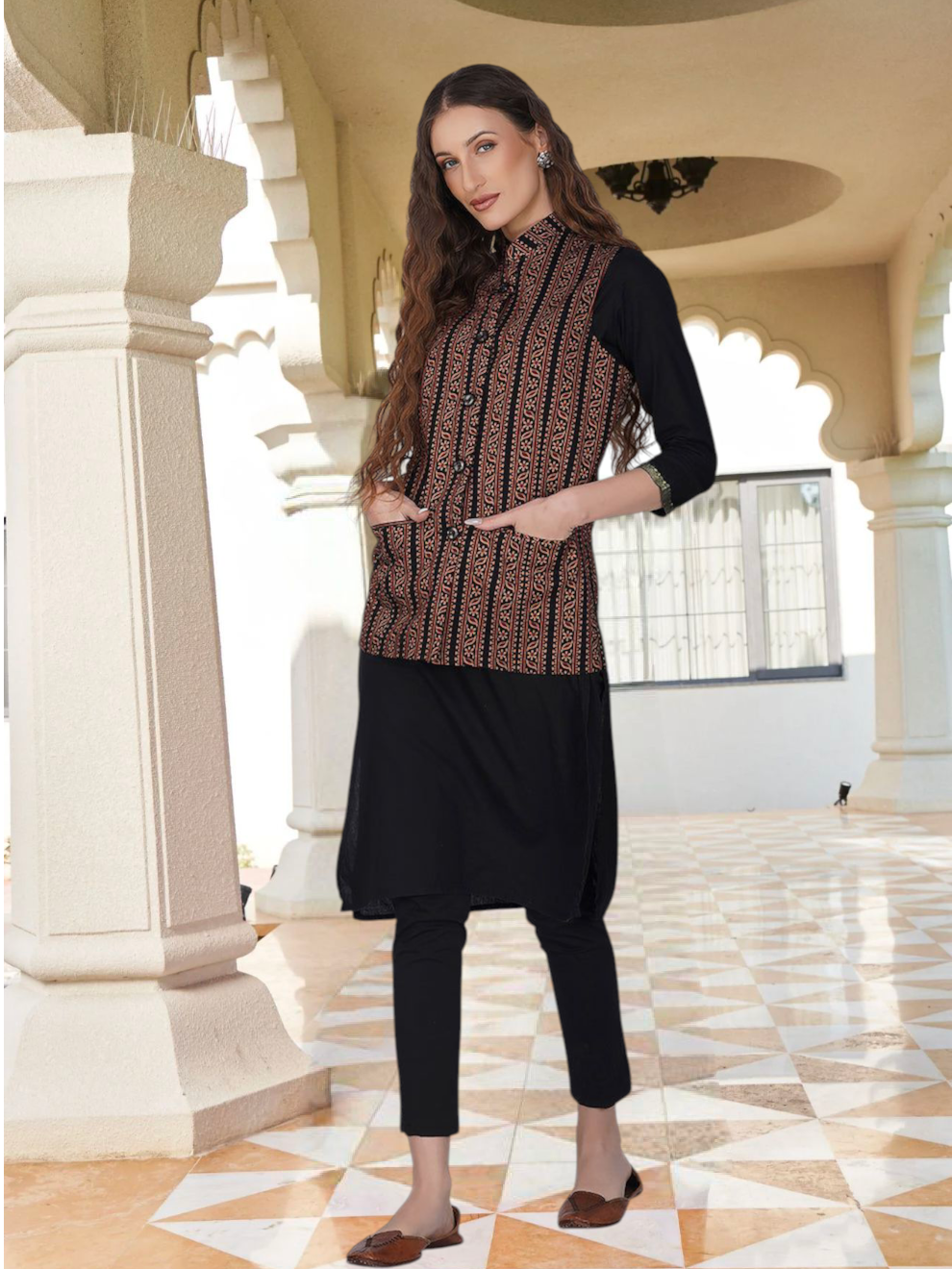 Ladies Modi Jacket / Waistcoat - Printed Look Designer Patterns - Cotton Nehru Jacket