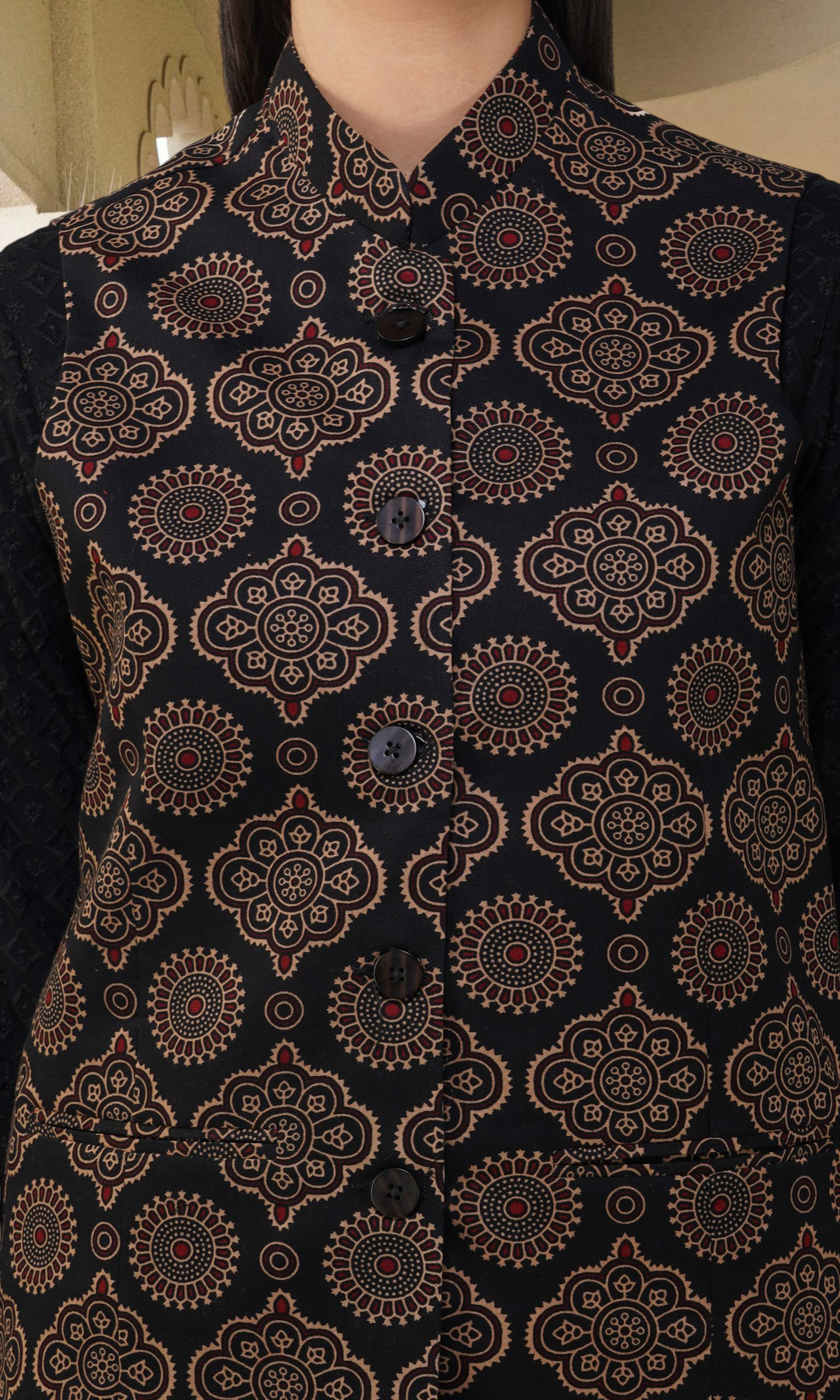 Vastraa Fusion Solid Indian Traditional Ethnic Waistcoat Festive Woolen Nehru Jacket for Women