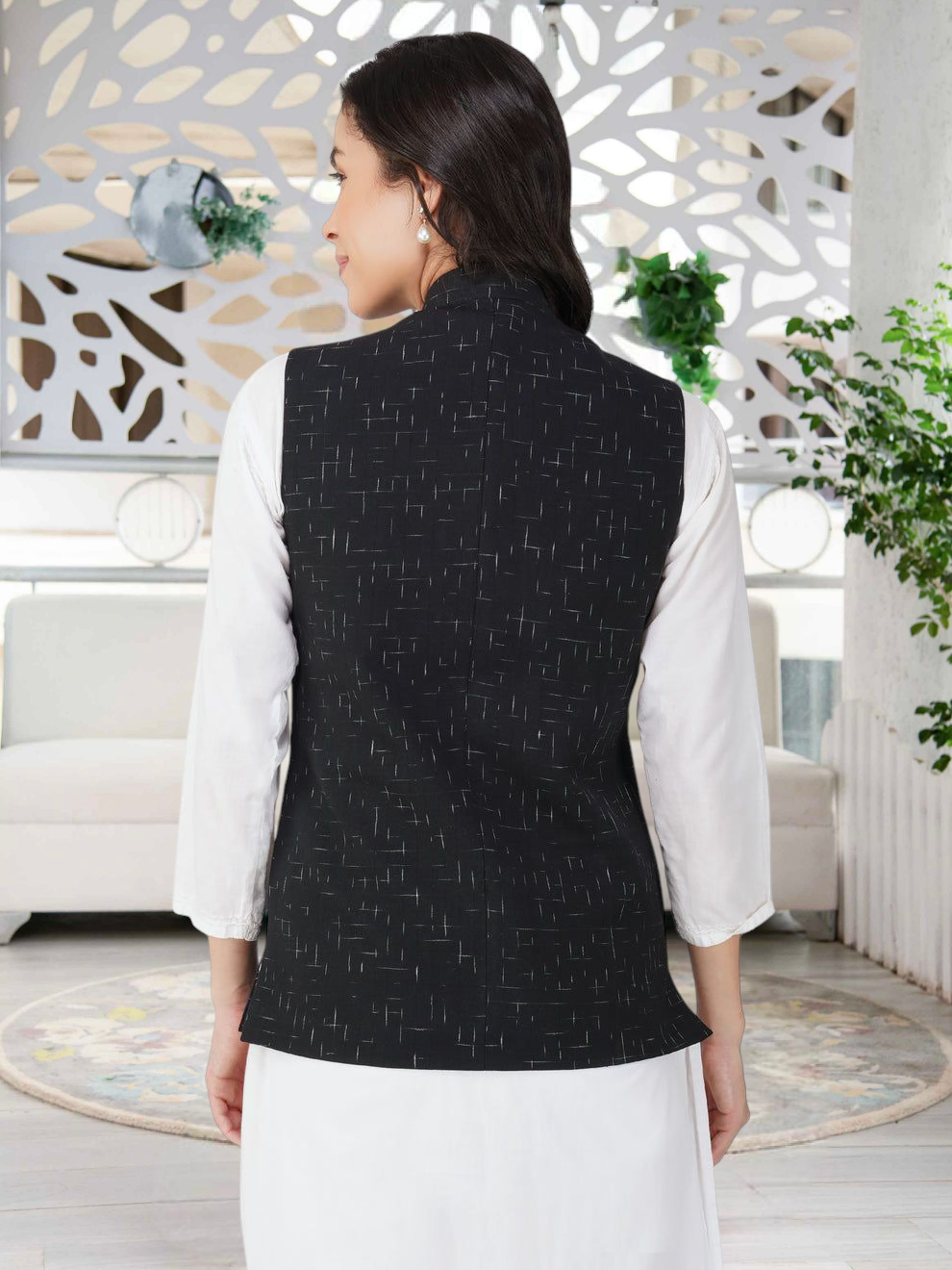Ladies Modi Nehru Jacket / Waistcoat - Khadi Look in Mix Ikat Patterns Jacket
