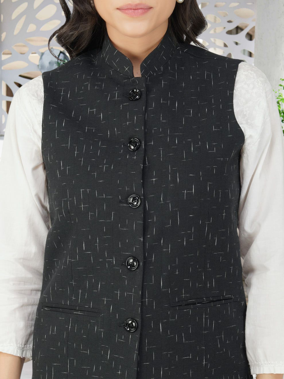 Ladies Modi Nehru Jacket / Waistcoat - Khadi Look in Mix Ikat Patterns Jacket
