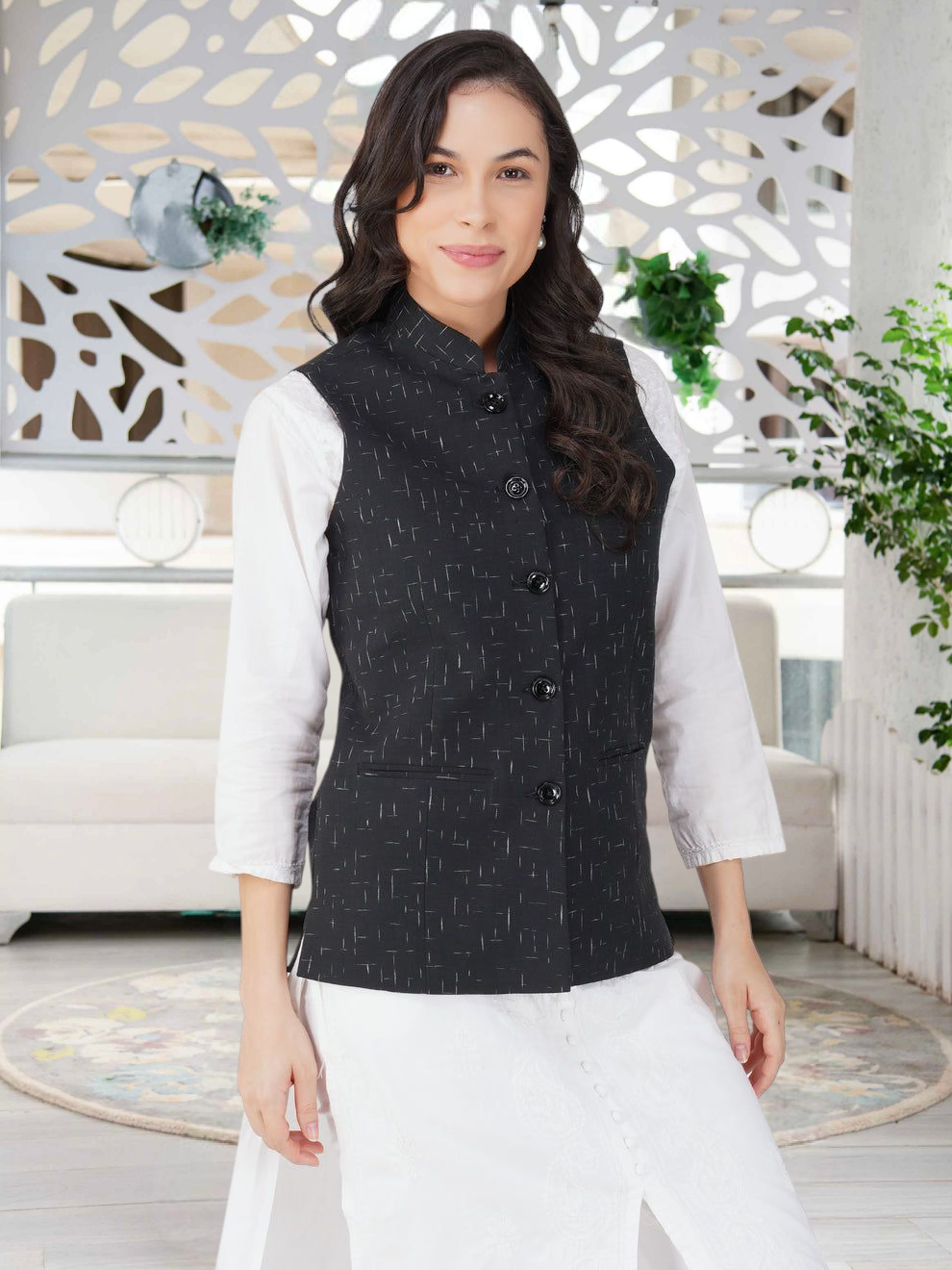 Ladies Modi Nehru Jacket / Waistcoat - Khadi Look in Mix Ikat Patterns Jacket